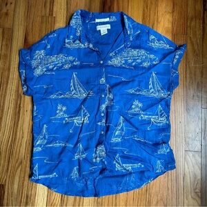 Cynthia Rowley Women's S Small Blue 100% Linen Sailboat Novelty Blouse Top Shirt